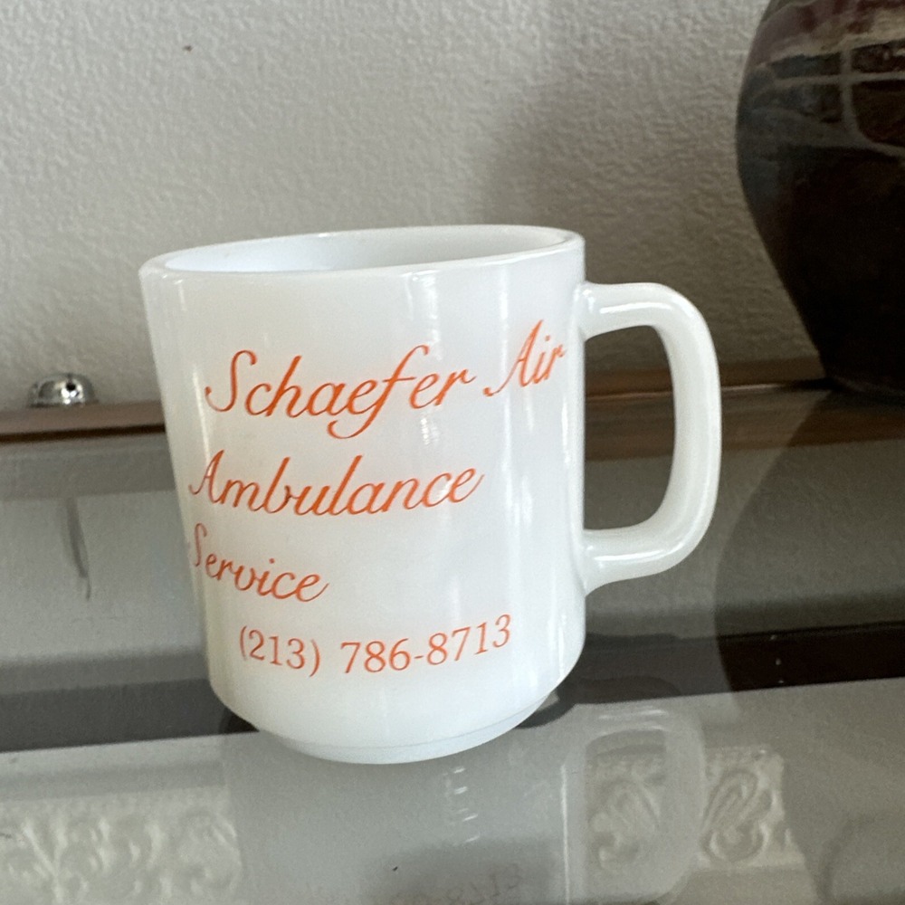 Vintage Glasbake Milk glass Sheafed Air Ambulance‎ Service Mug